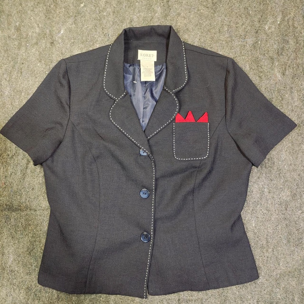 Koret Dress VTG 90s Black Short Sleeve Blazer Contrast Stitch Pocket Square 10
